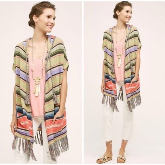 Anthropologie Moth Calexico Multicolor Striped Hooded Boho Fringe Poncho XS/S - Picture 1 of 11
